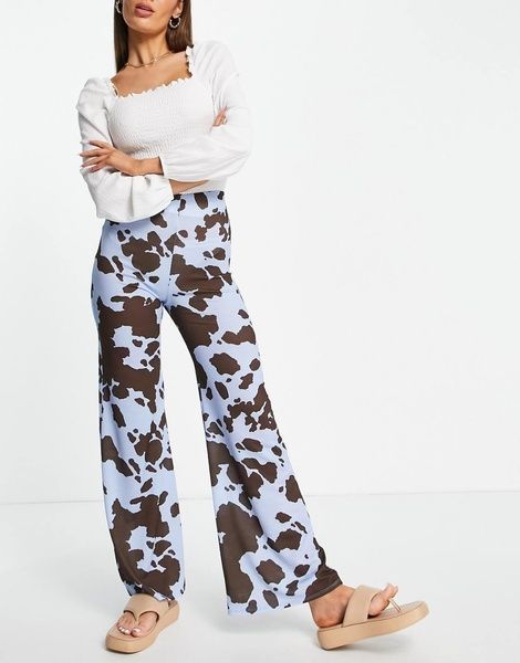 Штани ASOS DESIGN In Cheesecloth in Cow Print Блакитний EU34 117355193 117355193 фото